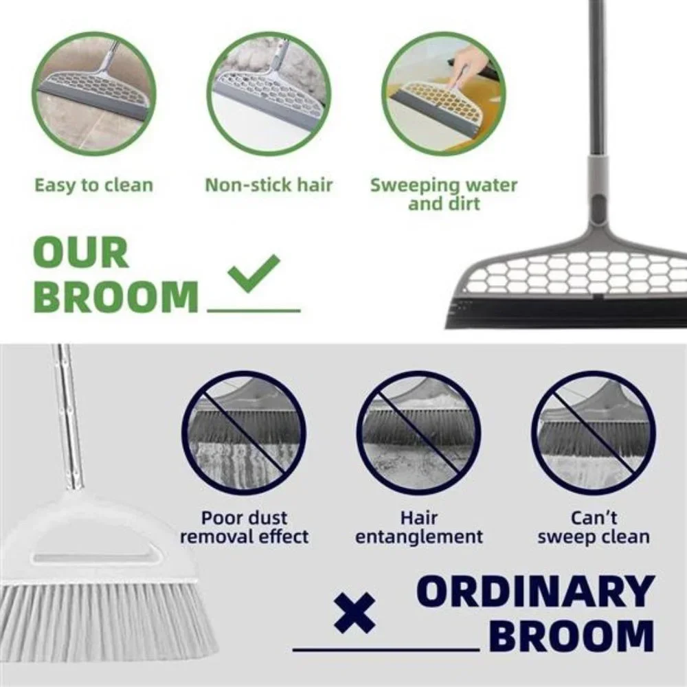 2 Pack - 2-In-1 Adjustable Magic Broom Pet Hair Remover W/ Mini Squeegee